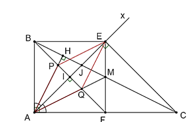 Cho tam giác ABC vuông tại A có AC = 2AB. Vẽ tia phân giác Ax của A. Từ B vẽ đường thẳng vuông góc với Ax cắt AC tại F. Từ C vẽ đường thẳng vuông góc Ax cắt Ax tại E. a) Chứng minh rằng: Tứ giác ABEF có bốn cạnh bằng nhau. (ảnh 1)