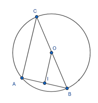 Cho tam giác ABC vuông tại A, nội tiếp đường tròn tâm O, bán kính R = 3cm, biết sinB  = 2/3 . a) Hai dây AB và AC, dây nào gần tâm O hơn?  (ảnh 1)