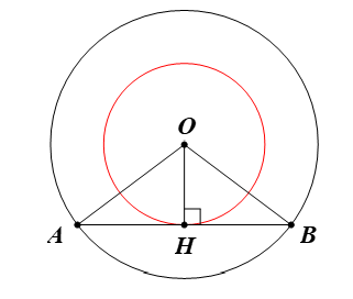 Cho đường tròn tâm O bán kính 2,5 cm và dây AB di động sao cho AB = 4 cm. Hỏi trung điểm H của AB di động trên đường nào? (ảnh 1)