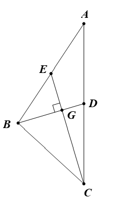 Cho tam giác ABC có AB = 6 cm, AC = 8 cm, các đường trung tuyến BD và CE vuông góc với nhau. Tính độ dài BC (ảnh 1)