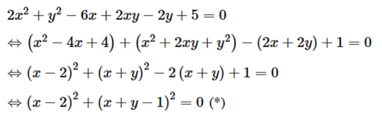 Tìm x; y biết 2x2 + y2 + 2xy – 6x – 2y + 5 = 0. (ảnh 1)