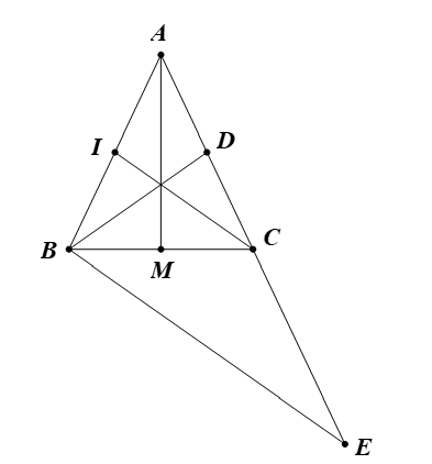 Cho tam giác ABC (AB = AC), trung tuyến BD. Lấy điểm E sao cho C là trung điểm AE. Chứng minh rằng BE = 2BD. (ảnh 1)