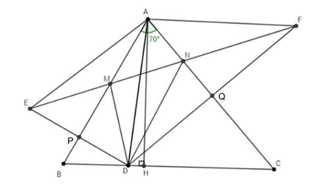 Cho tam giác ABC nhọn có  góc A=70 độ và điểm D thuộc cạnh BC. Gọi E là điểm đối xứng với D qua AB. Gọi F là điểm đối xứng với D qua AC. Đường thẳng EF cắt AB, AC theo thứ tự tại M, N. Tính các góc của tam giác AEF. (ảnh 1)