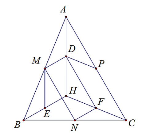 Cho tam giác ABC và H là trực tâm. Gọi M, N, P lần lượt là trung điểm của các cạnh AB, BC và CA; D, E, F lần lượt là trung điểm các đoạn HA, HB và HC. a) Chứng minh rằng các tứ giác MNFD và MEFP là các hình chữ nhật. (ảnh 1)