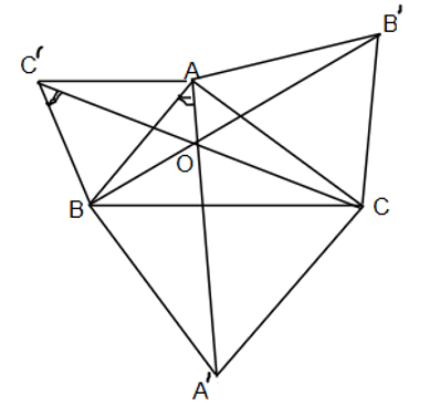 Cho tam giác ABC. Về phía ngoài vẽ 3 tam giác đều ABC', BCA', CAB'. Chứng minh AA', BB', CC' bằng nhau và đồng quy. (ảnh 1)