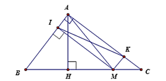 Cho tam giác ABC vuông tại A có đường cao AH, M là một điểm di động trên cạnh BC (ảnh 1)