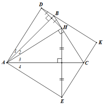 Cho tam giác ABC nhọn có góc A=45 độ , đường cao AH. Điểm D đối xứng với H qua AB. Điểm E đối xứng với H qua AC. Điểm K là giao điểm của DB và EC.   a) ADKE là hình gì ? (ảnh 1)