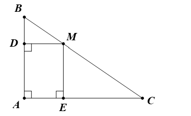 Cho tam giác ABC vuông tại A, điểm M bất kì trên cạnh BC. Gọi D, E theo thứ tự là chân đường vuông góc kẻ từ M đến AB và AC. Tứ giác ADME là hình gì? (ảnh 1)
