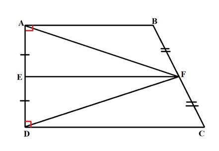 Cho hình thang vuông ABCD tại A và D. Gọi E, F lần lượt là trung điểm của AD (ảnh 1)