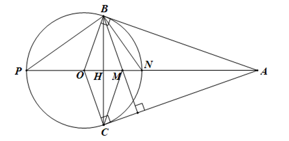 Cho đường tròn (O; R). Từ A nằm ngoài đường tròn kẻ các tiếp tuyến AB, AC với đường tròn (B, C là các tiếp điểm). a) Chứng minh bốn điểm A, B, C, O thuộc cùng một đường tròn. (ảnh 1)