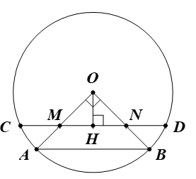 Cho đường tròn (O; R). Vẽ hai bán kính OA, OB. Trên các bán kính OA, OB lần lượt lấy các điểm M, N sao cho OM = ON. Vẽ dây CD đi qua M, N (M nằm giữa C và N). a) Chứng minh CM = DN. (ảnh 1)