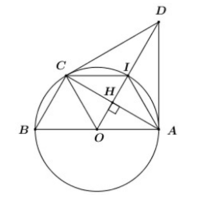 Cho đường tròn (O; R), đường kính AB. Vẽ dây cung BC = R. Đường thẳng qua O vuông góc với AC cắt tiếp tuyến tại A của đường tròn (O) tại D. Chứng minh DC là tiếp tuyến của đường tròn (O). (ảnh 1)