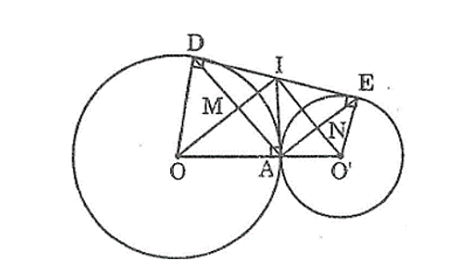 Cho hai đường tròn (O) và (O’) tiếp xúc ngoài tại A. Kẻ tiếp chung ngoài DE, D ∈ (O), E ∈ (O’). Kẻ tiếp tuyến chung trong tại A cắt DE ở I. Gọi M là giao điểm của OI và AD, N là giao điểm của O’I và AE. a) Tứ giác AMIN là hình gì? Vì sao? (ảnh 1)