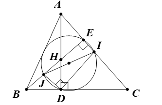 Cho tam giác ABC nhọn, các đường cao AD, BE cắt nhau tại H. Gọi I là trung điểm của AC và J là trung điểm của BH. Xác định đường tròn đi qua ba điểm I, D, J. (ảnh 1)