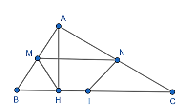Cho ∆ABC (AB < AC) và đường cao AH. Gọi M, N lần lượt là trung điểm của các cạnh AB, AC. Lấy điểm I sao cho B đối xứng với C qua I. Chứng minh: tứ giác MNIH là hình thang cân. (ảnh 1)