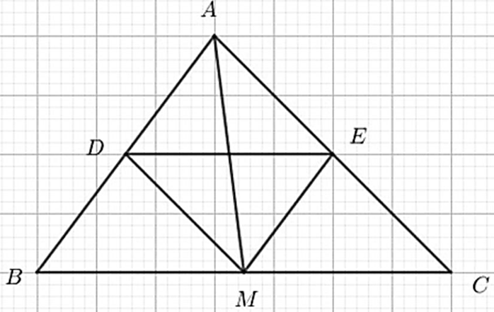 Cho tam giác ABC. Gọi D, M, E theo thứ tự là trung điểm của AB, BC, CA. a) Chứng minh (ảnh 1)