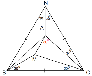 Cho tam giác ABC cân ở A có góc A = 100 độ. Điểm M nằm trong tam giác sao cho (ảnh 1)