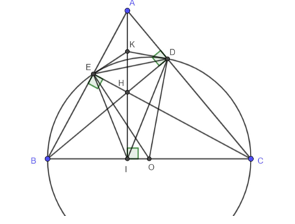 Cho tam giác nhọn ABC (AB < AC). Đường tròn tâm O đường kính BC cắt AB và AC lần lượt tại E và D. Gọi H là giao điểm của BD và CE; AH cắt BC tại I. a) Chứng minh AI vuông góc với BC và EC là phân giác của góc IED.  (ảnh 1)