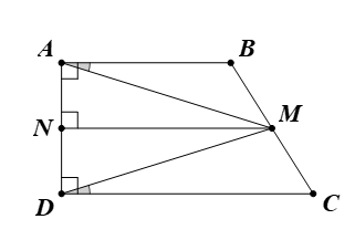 Cho hình thang vuông ABCD,  . Gọi M, N lần lượt là trung điểm của các cạnh BC, AD. Chứng minh: a) Tam giác MAD là tam giác cân. (ảnh 1)