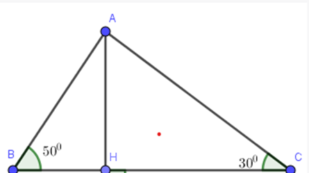 Cho tam giác ABC có góc B = 50 độ, góc C = 30 độ, BC = 10 cm. Tính diện tích  (ảnh 1)