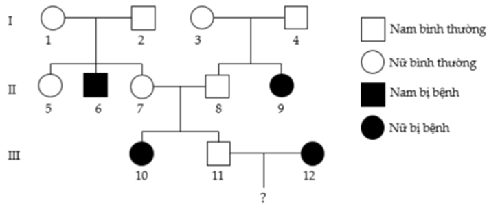 Cho sơ đồ phả hệ sau mô tả sự di truyền của bệnh A ở người do một gen quy định. Biết rằng không phát sinh đột biến mới ở tất cả các cá thể trong phả hệ này. Xác suất để cặp vợ chồng III.11 và III.12 sinh hai con có kiểu hình bình thường là bao nhiêu?   	A. 1/2 	B. 4/9 	C. 1/9 	D. 2/3 (ảnh 1)