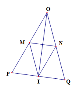 Cho tam giác OPQ cân tại O có I là trung điểm của PQ. Kẻ IM // OQ (M thuộc OP), IN // OP (N thuộc OQ). Chứng minh rằng: a) Tam giác IMN cân tại I.  (ảnh 1)