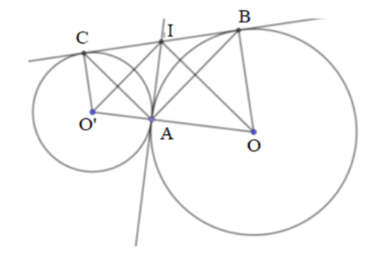 Cho hai đường tròn (O) và (O′) tiếp xúc ngoài tại A. Kẻ tiếp tuyến chung ngoài BC, B thuộc (O) (ảnh 1)