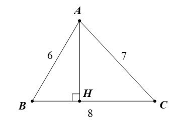 Cho tam giác ABC nhọn có AB = 6, BC = 7, AC = 8. Tính độ dài đường cao AH. (ảnh 1)