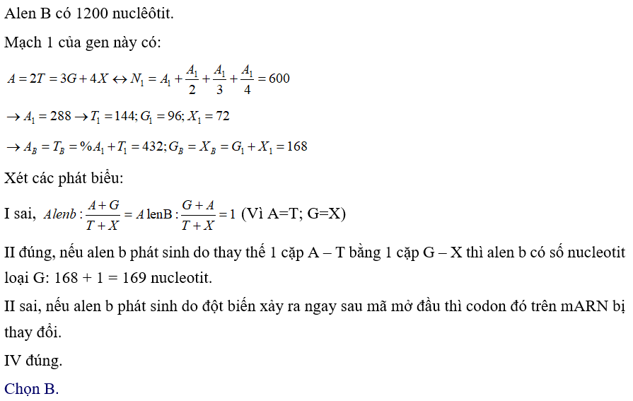 Một loài thực vật lưỡng bội, xét 1 gen có 2 alen, alen B gồm 1200 Nu và mạch 1 của alen này có A=2T =3G =4X. Alen B bị đột biến thay thế 1 cặp Nu tạo thành alen b. Theo lý thuyết, có bao nhiêu phát biểu sau đây đúng? I. Tỉ lệ    của alen b khác tỉ lệ   của alen B II. Nếu alen b phát sinh do đột biến thay thế 1 cặp A-T bằng 1 cặp G – X thì alen b có 169 Nu loại G. III. Nếu alen b phát sinh do đột biến xảy ra ngay sau mã mở đầu thì alen b có tất cả bộ ba kể từ vị trí xảy ra đột biến cho đến mã kết thúc đều bị thay đổi. IV. Nếu alen b phát sinh do đột biến xảy ra trong quá trình giảm phân hình thành giao tử thì alen b có thể được di truyền cho thế hệ sau. 	A. 3 	B. 2 	C. 1 	D. 47 (ảnh 1)