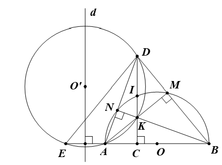 Cho nửa đường tròn tâm O đường kính AB, C là một điểm nằm giữa O và A. Đường thẳng vuông góc với AB tại C cắt nửa đường tròn trên tại I, K là một điểm nằm bất kì trên đoạn thẳng CI (K khác C và I). Tia AK cắt nửa đường tròn tâm O tại M, tia BM cắt tia CI tại D. Chứng minh: a) Các tứ giác ACMD, BCKM nội tiếp đường tròn. (ảnh 1)