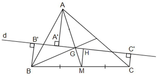 Cho tam giác ABC, M. Gọi G là trọng tâm tam giác. Qua G kẻ đường thẳng d  (ảnh 1)
