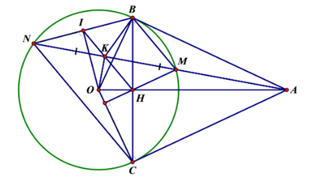Cho đường tròn (O) và một điểm A nằm ngoài đường tròn (O). Qua điểm A vẽ hai tiếp tuyến  (ảnh 1)
