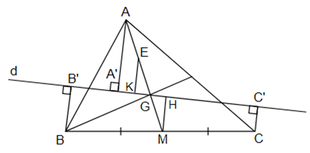 Cho tam giác ABC, trung tuyến AM. Gọi G là trọng tâm tam giác. Qua G kẻ đường  (ảnh 1)