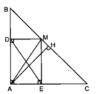 Cho tam giác ABC vuông cân ở A, M là một điểm bất kỳ thuộc cạnh huyền BC. Gọi D và E theo thứ tự là hình chiếu của M trên AB và AC. a) Tứ giác ADME là hình gì? (ảnh 1)