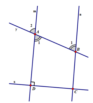 Cho hình vẽ sau, biết đường thẳng m // n và x vuông góc  m. Chứng minh: x vuông góc  n.  (ảnh 1)