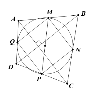 Cho tứ giác ABCD có hai đường chéo AC và BD vuông góc với nhau. Gọi M, N, P, Q lần lượt là trung điểm của AB, BC, CD, DA. Chứng minh rằng M, N, P, Q cùng nằm trên một đường tròn. (ảnh 1)