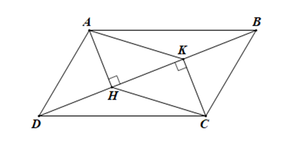 Cho hình bình hành ABCD, đường chéo BD. Kẻ AH và CK vuông góc với BD ở H (ảnh 1)