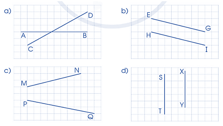 Viết các cặp đường thẳng song song với nhau, các cặp đường thẳng không song song với nhau trong mỗi hình dưới đây:   (ảnh 1)
