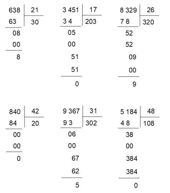 Đặt tính rồi tính:  638 : 21 3 451 : 17  8 329 : 26  840 : 42 9 367 : 31 5 184 : 48 (ảnh 1)