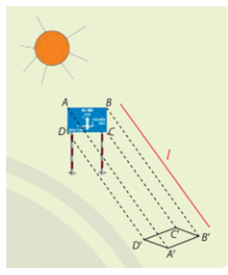 Các tia nắng song song theo phương I khi chiếu tới biển báo giao thông hình chữ nhật ABCD tạo thành bóng trên mặt đường (xem hình bên). Bóng của biển báo này có dạng hình gì? Tại sao?  (ảnh 1)