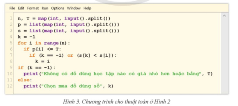 Em hãy tìm hiểu chương trình viết trên ngôn ngữ lập trình Python (Hình 3) giải bài toán trên, soạn thảo và chạy với các bộ dữ liệu thử nghiệm trong Bảng 1. (ảnh 1)