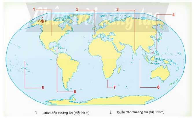 Quan sát lược đồ sau và cho biết các đại dương, lục địa, các quốc gia và địa danh ngày nay gắn với các cuộc phát kiến địa lí (ở các vị trí đánh dấu từ số 1 đến số 8). (ảnh 1)