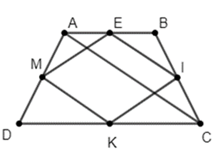 Cho hình thang cân ABCD (AB // CD). Gọi E là trung điểm cạnh AB. Gọi I, K, M  (ảnh 1)