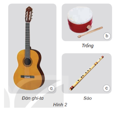 Sử dụng đàn ghi-ta, sáo, trống (Hình 2) và làm chúng phát ra âm thanh. Bộ phận nào ở mỗi nhạc cụ phát ra âm thanh? (ảnh 1)