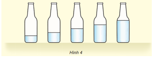 Làm nhạc cụ như hình 4 và nhận xét về âm thanh phát ra khi gõ vào các chai hoặc thổi nhẹ qua miệng mỗi chai.   (ảnh 1)