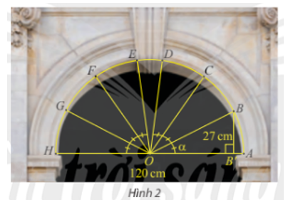 Trong bài toán khởi động, cho biết vòm cổng rộng 120 cm và khoảng cách từ B đến đường kính AH là 27 cm. Tính sin α và cos α, từ đó tính khoảng cách từ điểm C đến đường kính AH. Làm tròn kết quả đến hàng phần mười.  (ảnh 1)