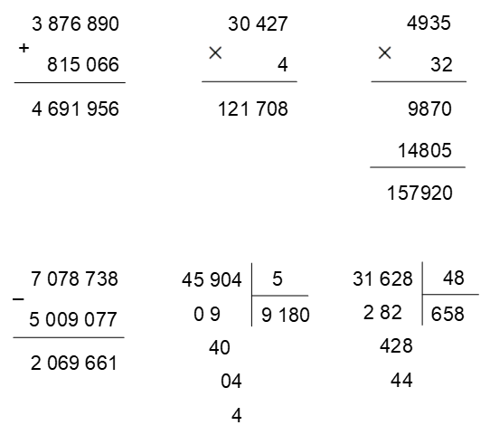 Đặt tính rồi tính:  3 876 890 + 815 066  30 427 × 4 4 935 × 32 7 078 738 – 5 009 077 45 904 : 5 31 628 : 48 (ảnh 1)