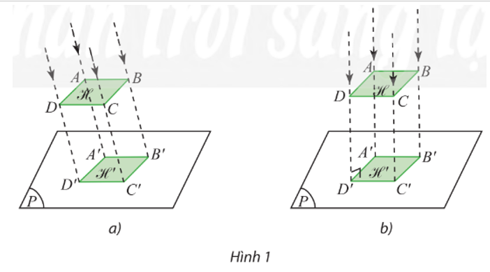 Hình 1 thể hiện hai cách chiếu hình ℋ  thành hình ℋ ’ lên mặt phẳng (P). Mô tả cách vẽ các đỉnh của hình chiếu ℋ ’ trong mỗi trường hợp.   (ảnh 1)