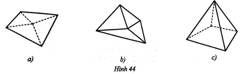 Trong các Hình 44a, b, c, có bao nhiêu hình có thể là hình biểu diễn cho hình chóp tứ giác?    A. 3.  B. 2.  C. 1.  D. 0.  (ảnh 1)