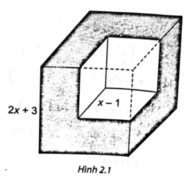 Từ một khối lập phương có độ dài cạnh là 2x + 3 (cm), ta cắt bỏ một khối lập phương có độ dài x – 1 (cm) (H.2.1). Tính thể tích phần còn lại, viết kết quả dưới dạng đa thức.   (ảnh 1)